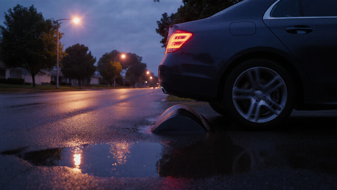 Car driving over a speed bump at dusk, showing suspension absorbing the bump.