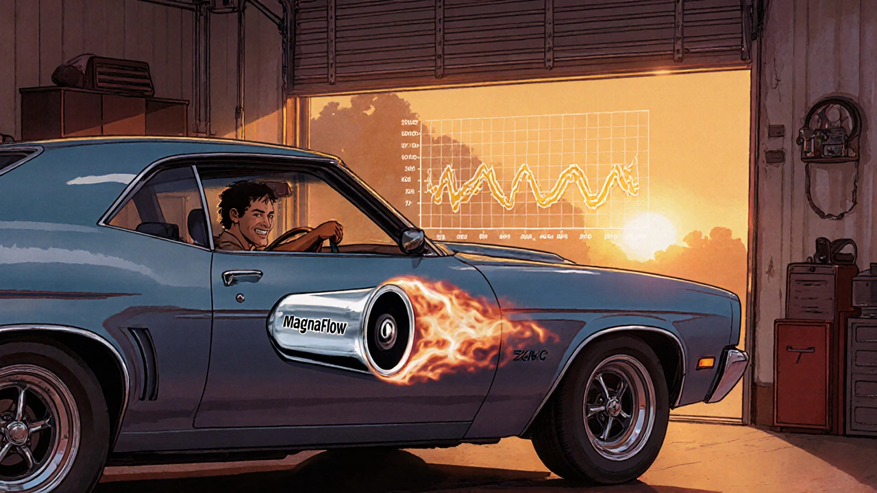 Classic muscle car driver smiling as deep exhaust notes ripple through the air, vintage magazine style.