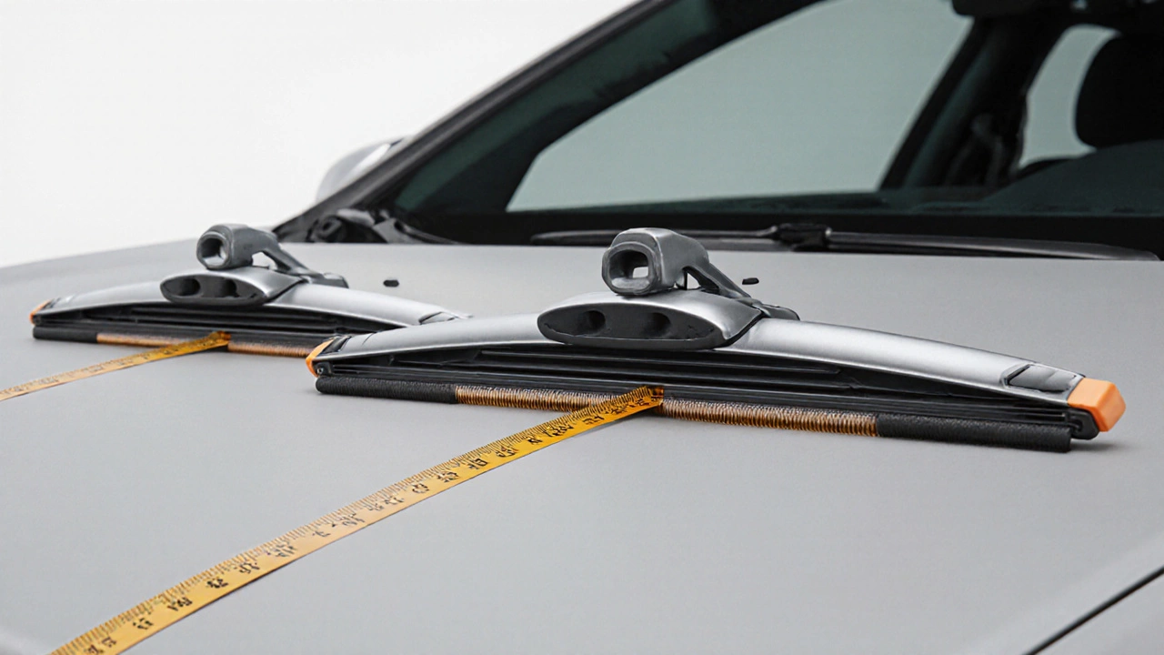 Close‑up of three wiper arms showing hook, pin, and bayonet mounts with a measuring tape.