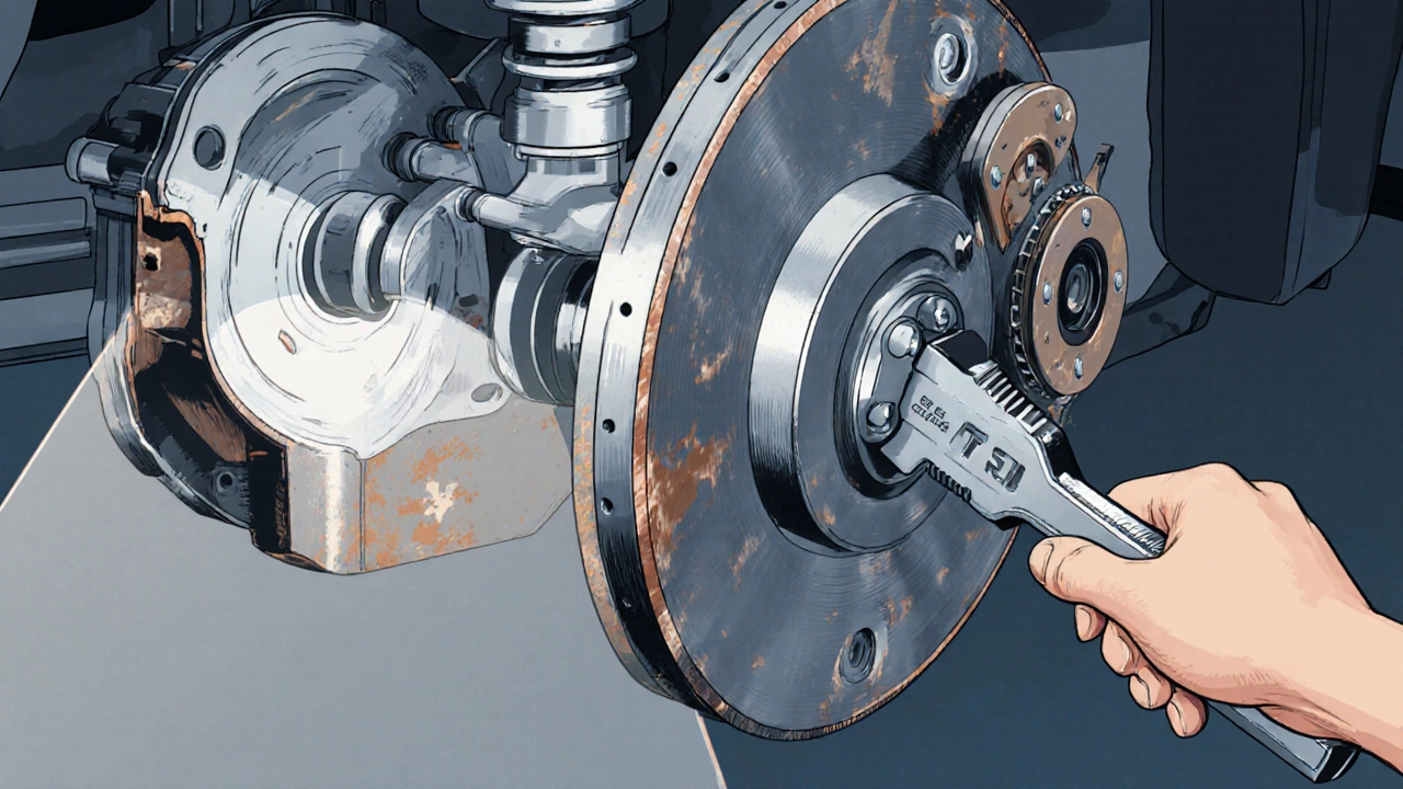 Close-up view of a flywheel with a hand turning it, revealing scoring and surrounding clutch parts.