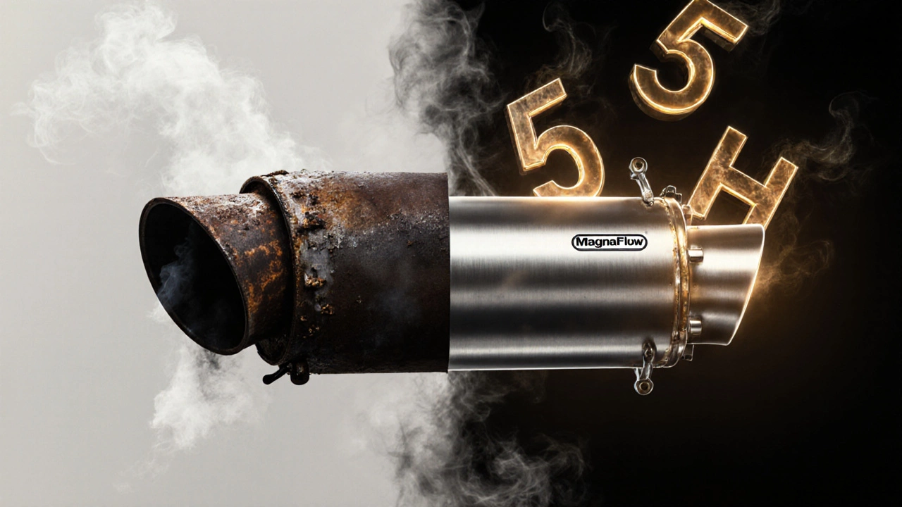 Conceptual contrast between restricted stock exhaust and free-flowing MagnaFlow with glowing airflow and HP numbers.