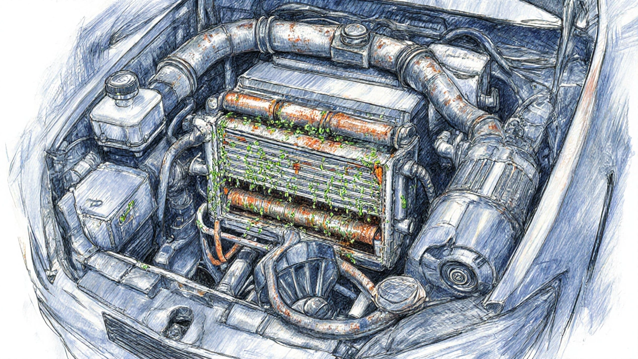 Cross‑section shows radiator corrosion, leaks, and clogged fins.