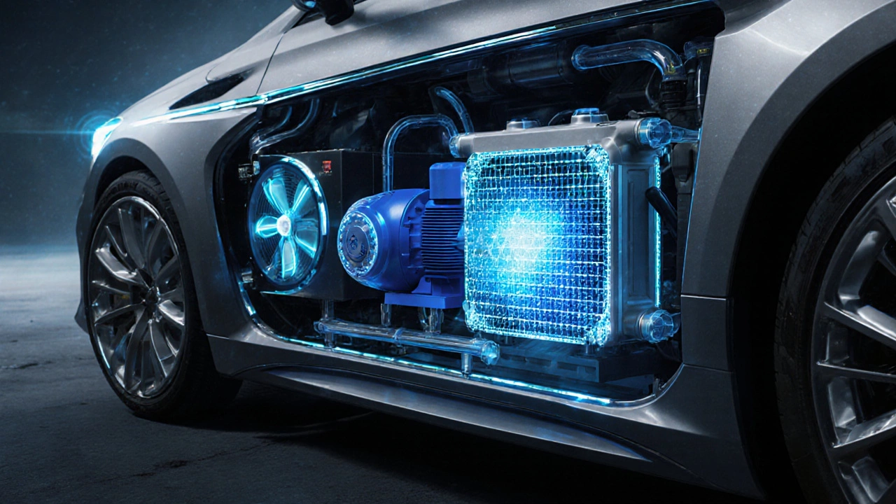 Cut‑away view of a hybrid car's electric water pump, compact heat exchanger and glowing coolant lines with electric fans.