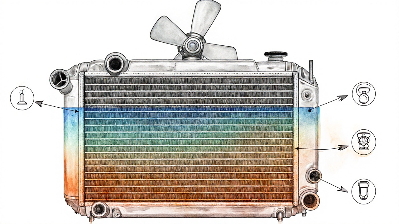 Cutaway illustration showing radiator tubes, fins, coolant flow, and fan.