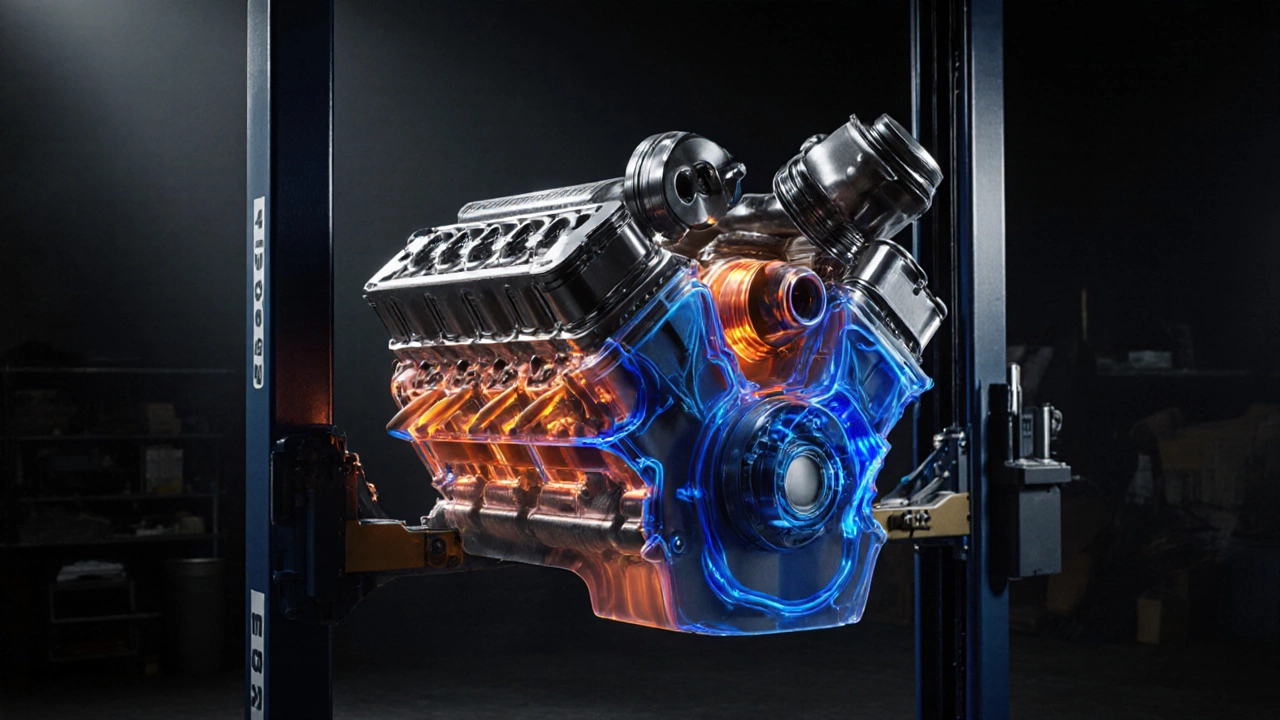 Cutaway view of a turbocharged engine with glowing heat and blue oil film flowing over pistons.