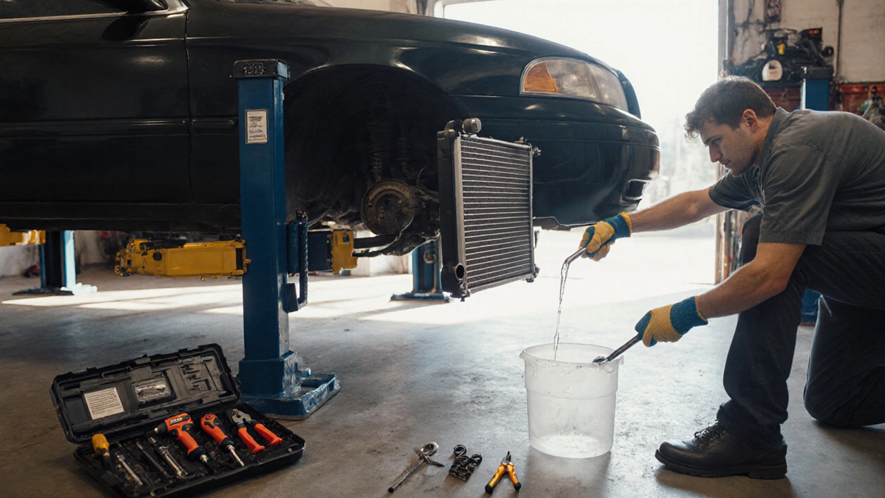 DIYer in a garage drains coolant and installs a new radiator using tools on a lifted car.