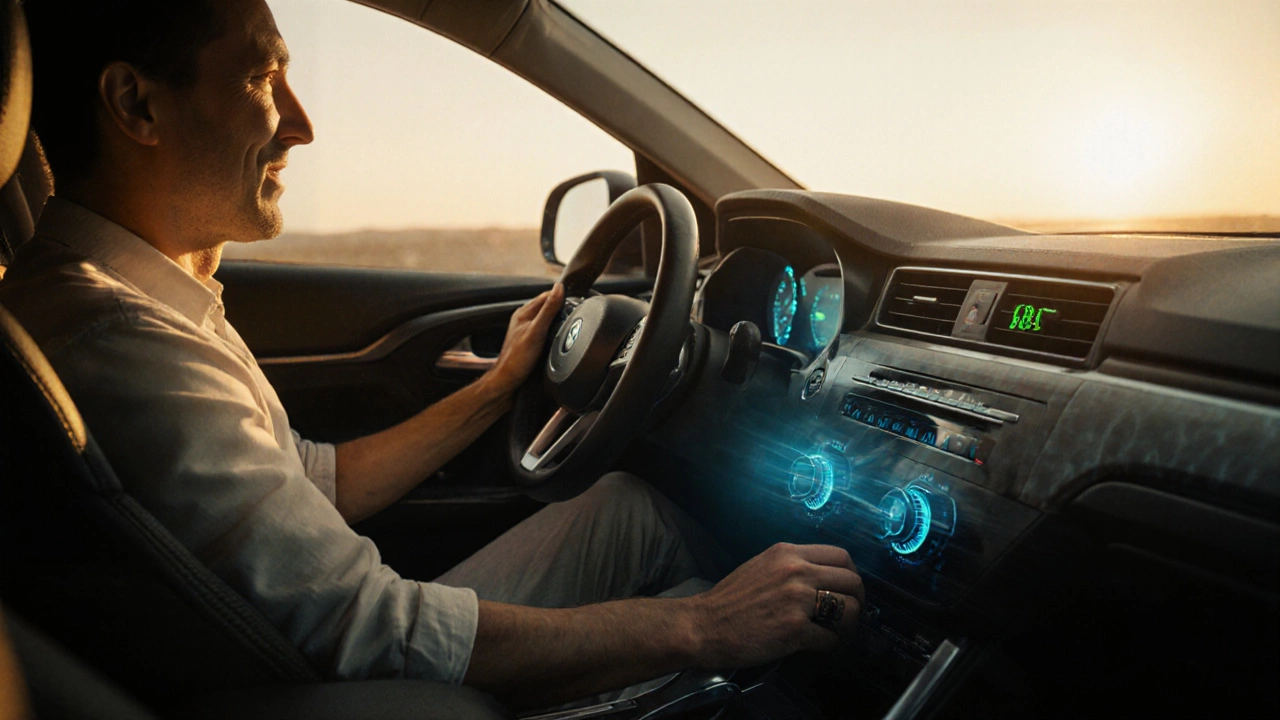 Driver smiling inside a car while cool blue air flows from the vents on a hot sunny day.