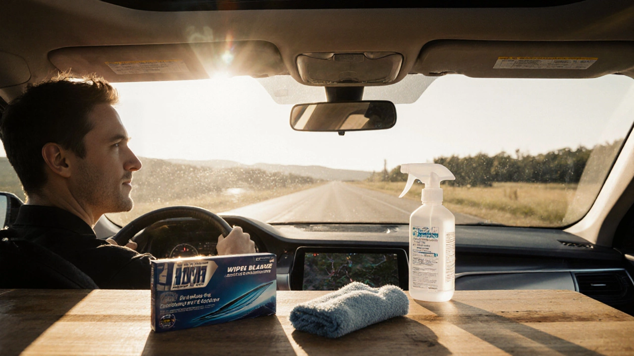 Driver with clear windshield, nearby workbench displaying OEM and aftermarket wiper blades.