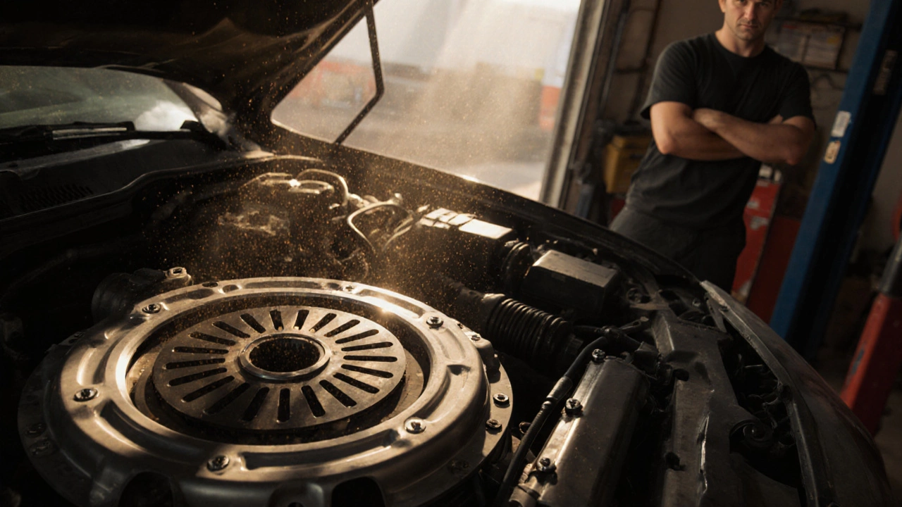 Engine bay after clutch replacement, with torqued bolts, hydraulic components and sunlight streaming in.