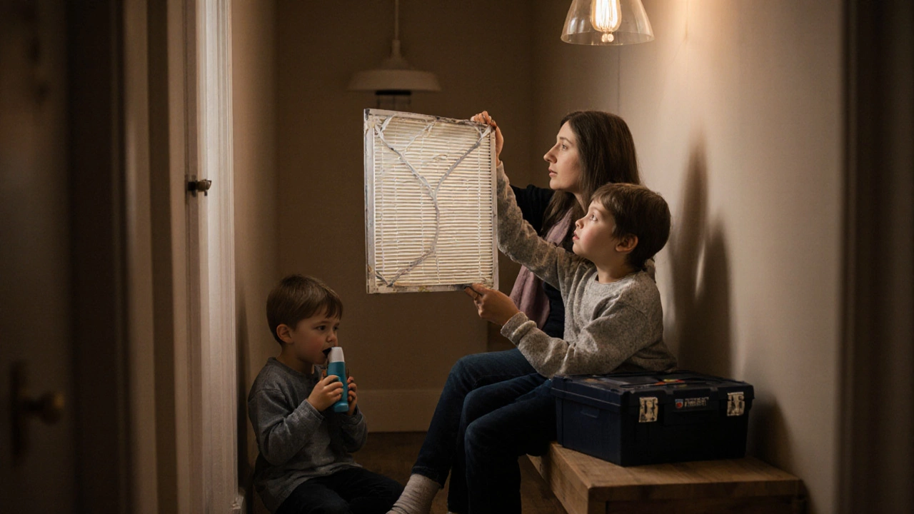 Family examining a used MERV 13 filter in a hallway, suggesting maintenance and air quality care.