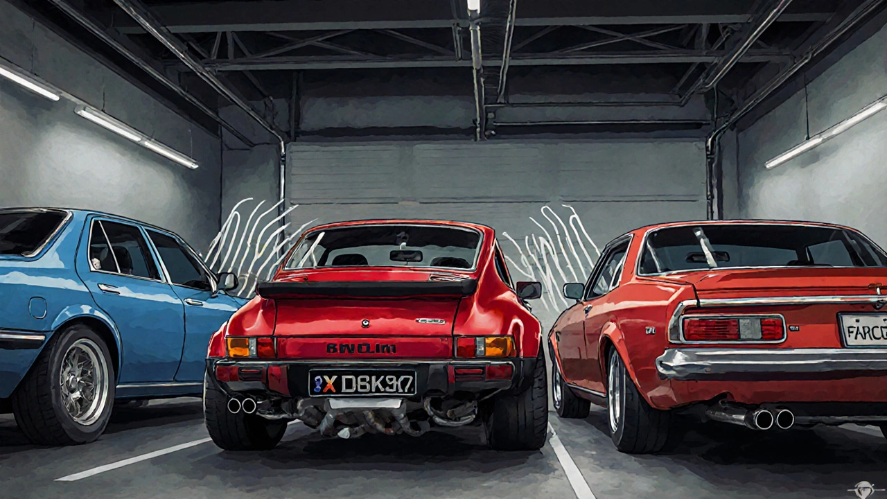 Five rear-view car exhaust setups displayed side by side, from muffler‑only to turbo‑back.