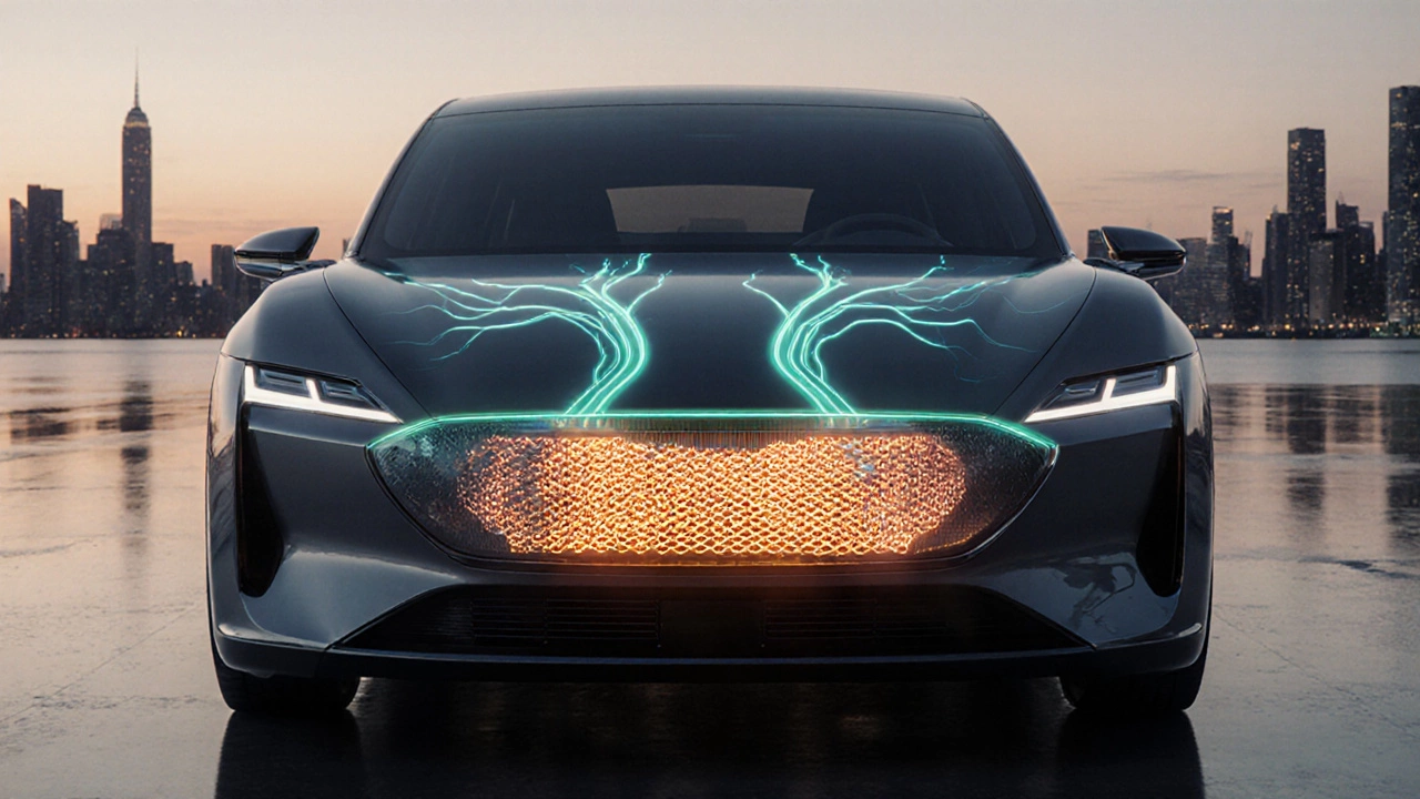 Futuristic electric car with integrated thermal pack and glowing cooling channels, no external radiator.