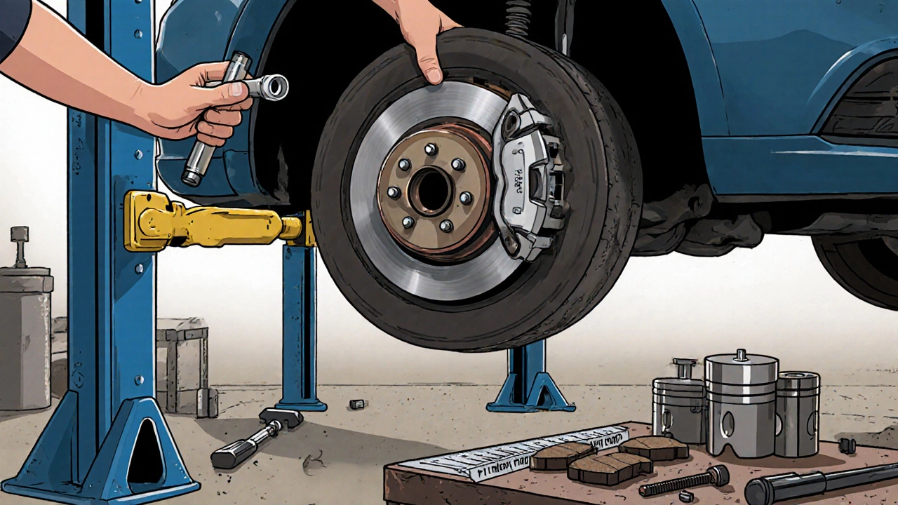 Garage scene with a car lifted on jack stands, wheel removed, showing brake caliper and tools for pad replacement.