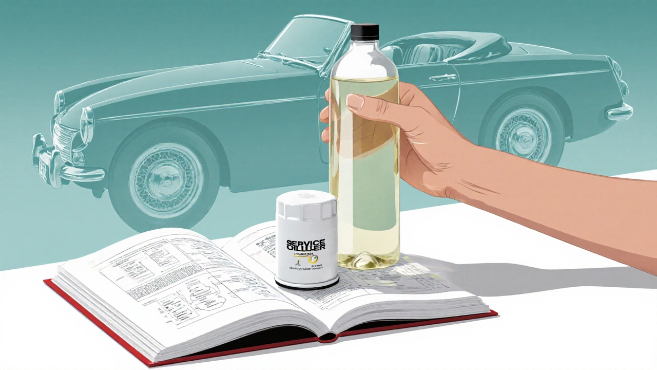 Hand holding oil bottle and filter beside an open service booklet.