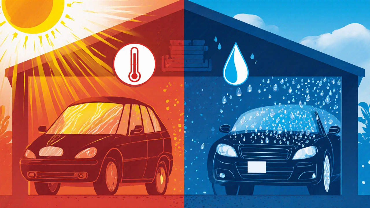 Illustration of a car in a hot garage and another in a cool shed showing oil degradation factors.