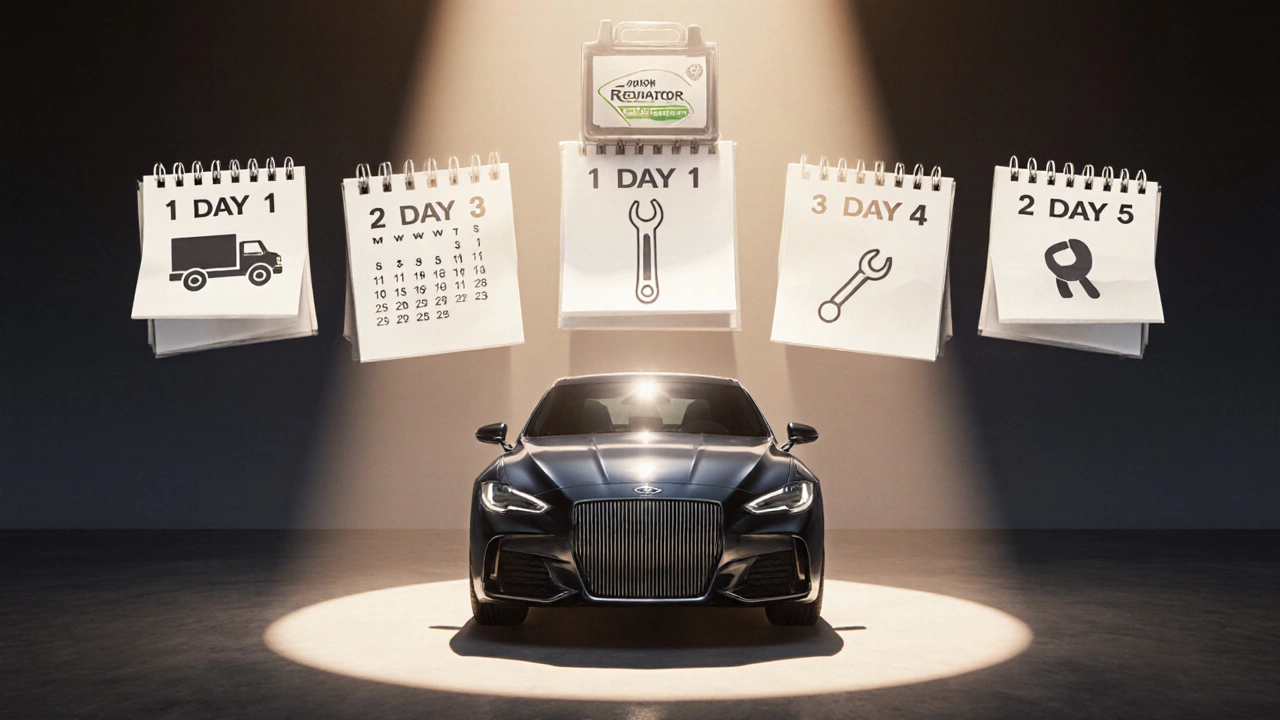 Illustration showing a car with a new radiator alongside a four‑day calendar and icons for parts delivery and repair steps.