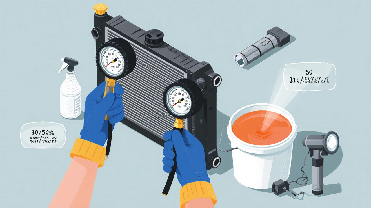 Isometric view of hands using pressure tester, infrared gun, and coolant bucket.