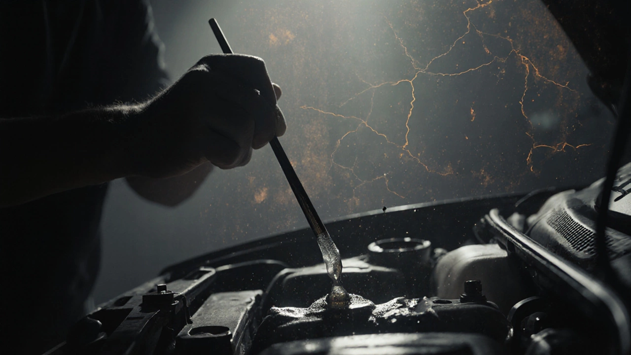 Mechanic checking a dark, milky oil dipstick in a dim workshop.