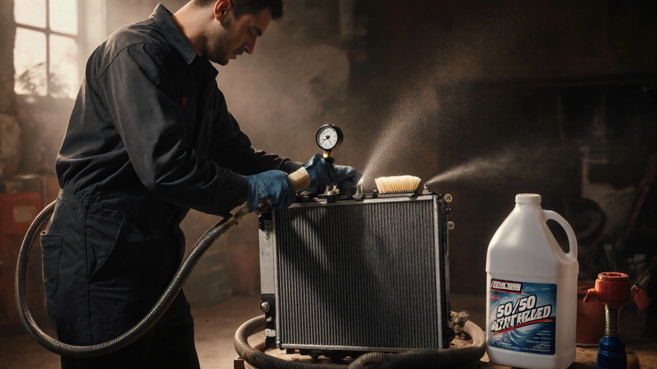 Mechanic checks cap pressure and cleans radiator fins in workshop.