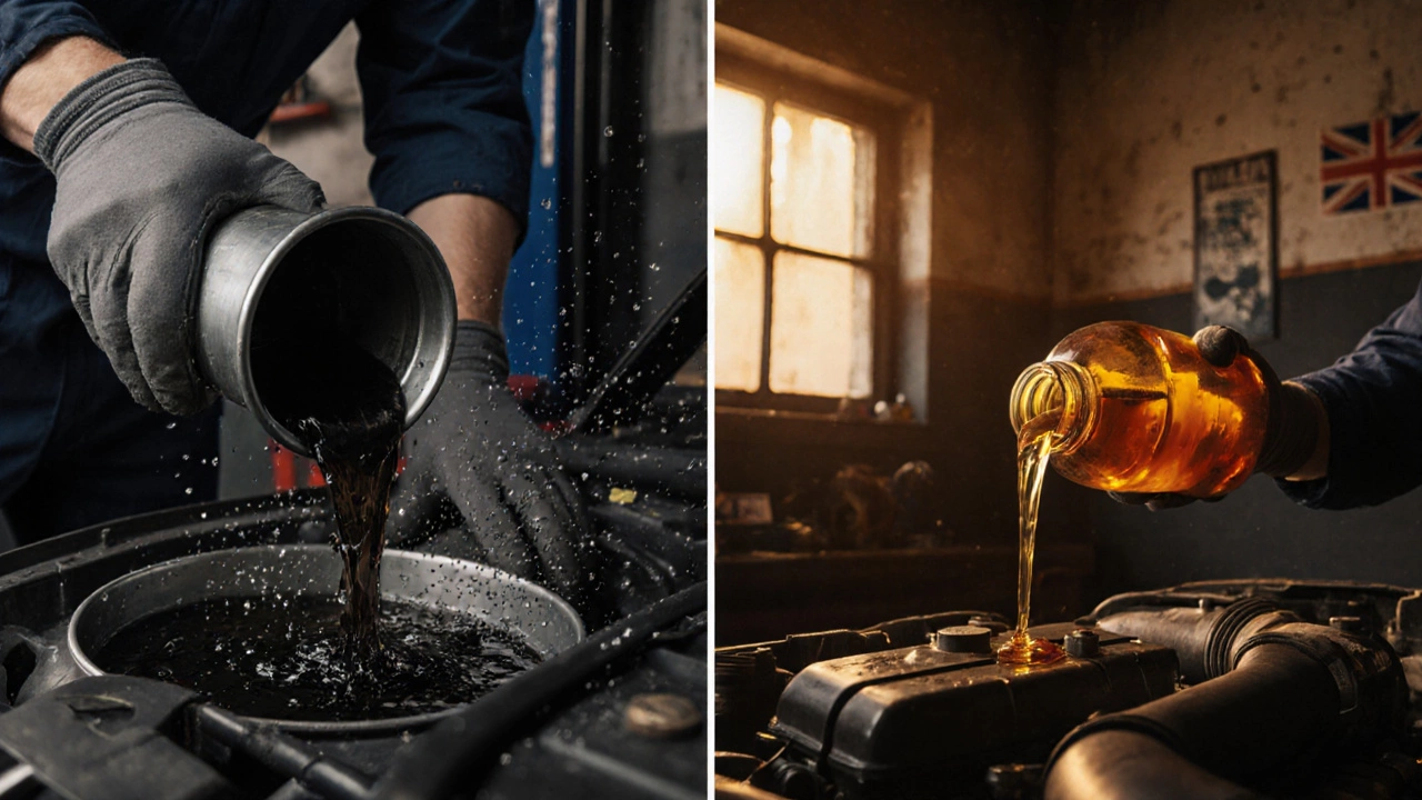 Mechanic draining old oil and pouring fresh synthetic oil into a car in a UK garage.