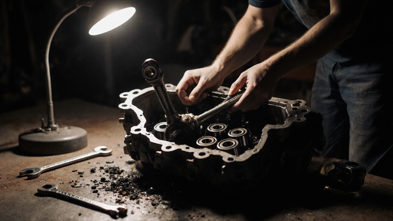 Mechanic inspecting a destroyed engine block with a connecting rod punched through the side, oil pan removed, debris visible inside.