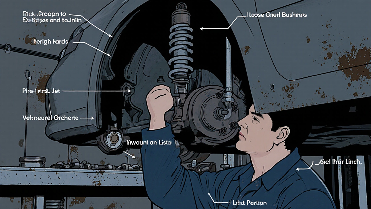 Mechanic inspecting worn shock absorber, control arm, bushings, ball joint, and sway bar link in a workshop.