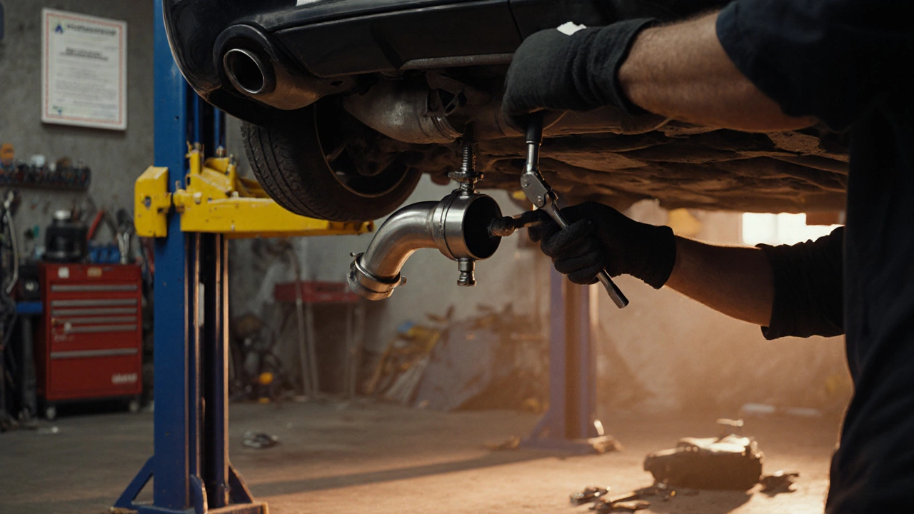 Mechanic installing a bolt‑on cat‑back exhaust under a lifted car in a workshop.