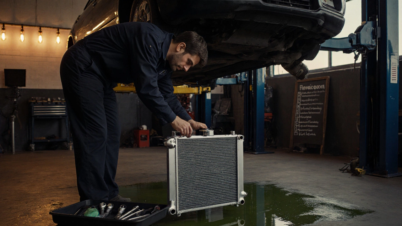Mechanic replacing a radiator in a workshop illuminated by warm overhead lights.