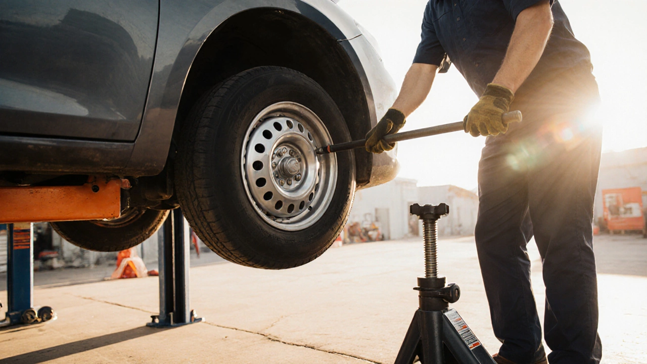 Mechanic testing bounce and sway bar on a lifted wheel using a pry bar and jack.