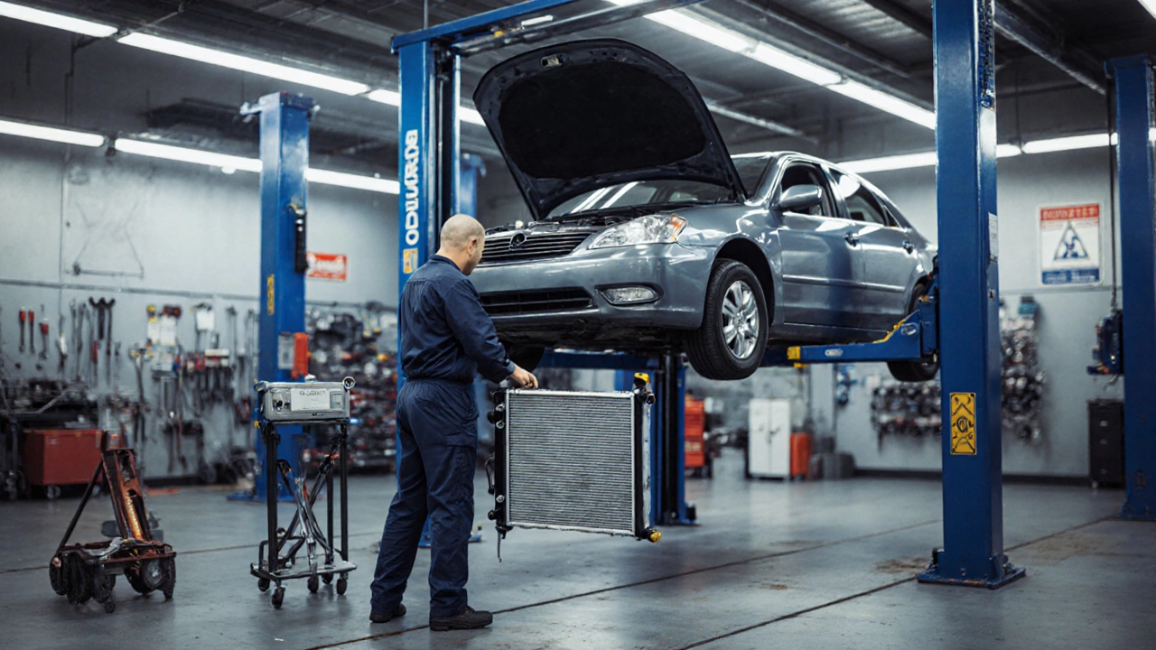 Mechanic working on a car&#039;s radiator in a bright garage, with new radiator installed.