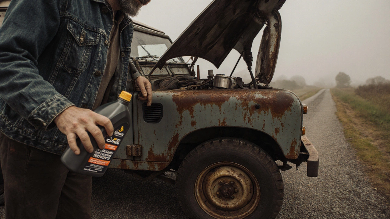 Old Land Rover Td5 engine with oil leak and mechanic holding mineral oil.