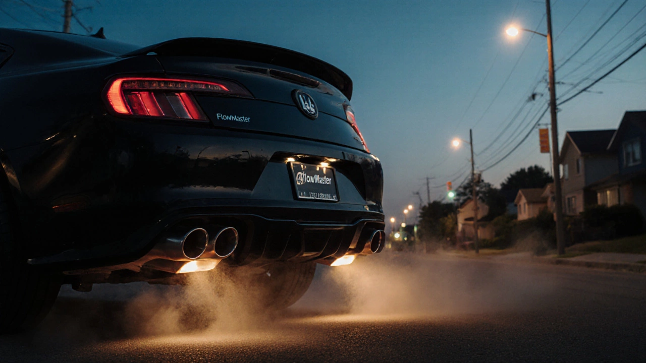 Rear view of a car with a Flowmaster 44 muffler installed, showing exhaust vapor at dusk.