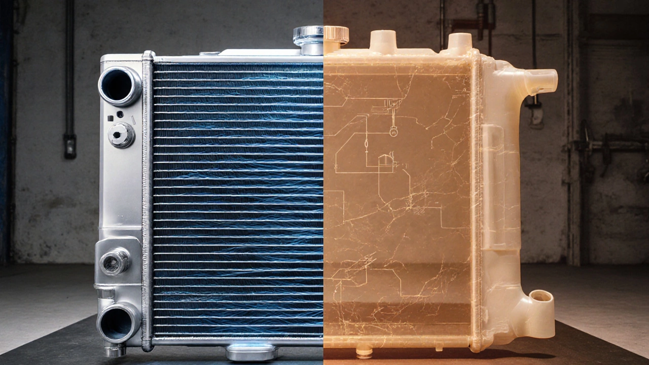 Split illustration comparing aluminum and plastic core radiators with internal details.