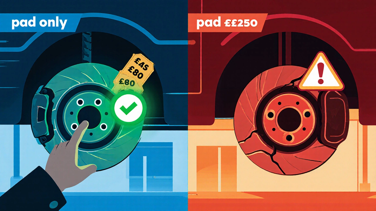 Split illustration showing pad‑only service with savings versus pad‑and‑disc overhaul with warnings.