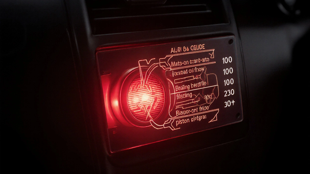 Transparent timeline overlay showing engine failure stages from oil loss, glowing neon lines on a dark dashboard with a red warning light.