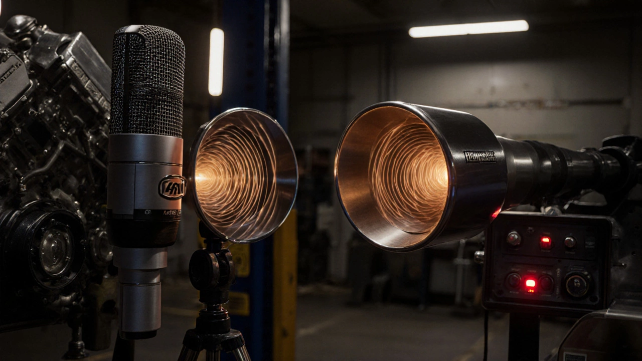 V8 engine on a dyno with microphones and visible sound waves from 40 and 44 mufflers.