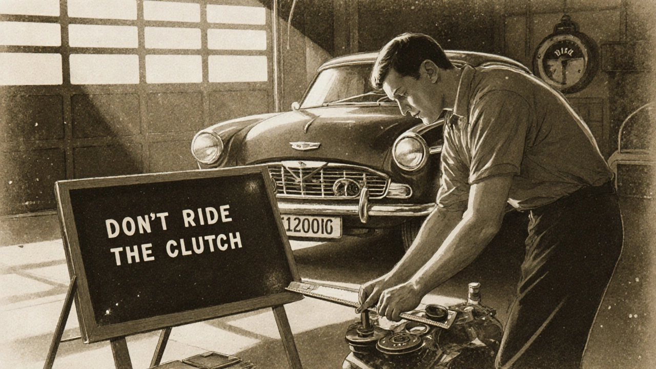 A vintage-style mechanic measuring clutch pedal travel in a classic British car garage with a chalkboard warning.