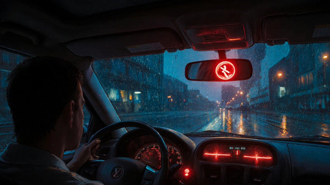 Car shaking at a red light with flashing check engine light and misfire glow.