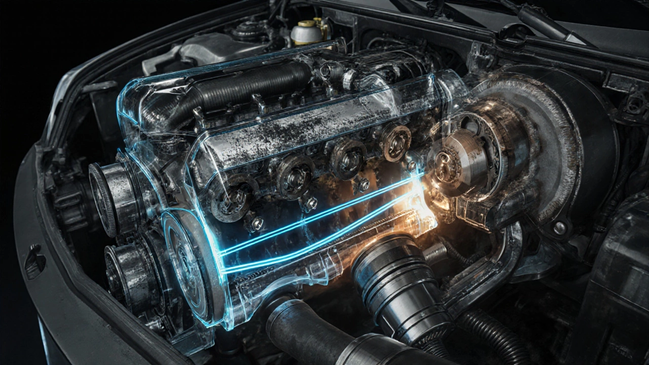 Cross-section of engine showing degraded oil flow and internal wear on moving parts.