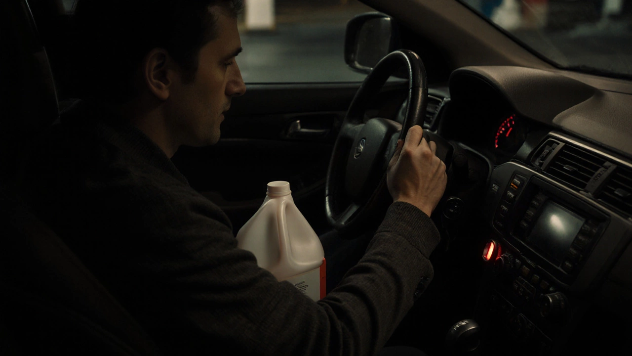 Driver checking engine oil at a gas station at night with oil bottle in hand and engine off.