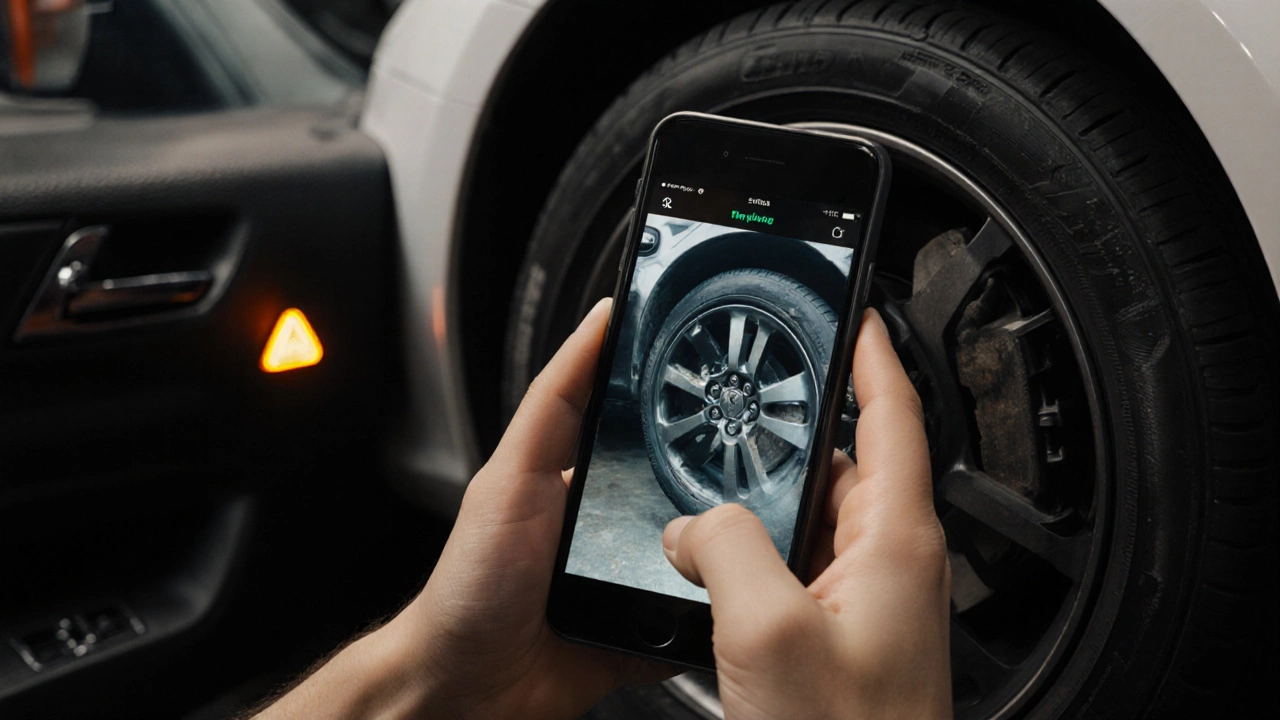 Driver taking photo of brake pads through wheel rim with dashboard warning light visible.
