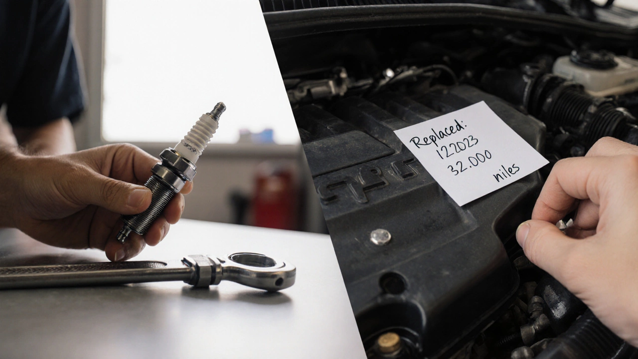 Hand installing a new spark plug with maintenance note on fuel flap.