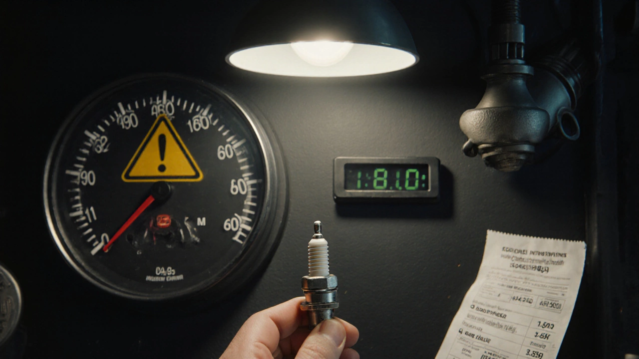 Mechanic checking spark plug gap with a gauge in a garage, odometer showing high mileage