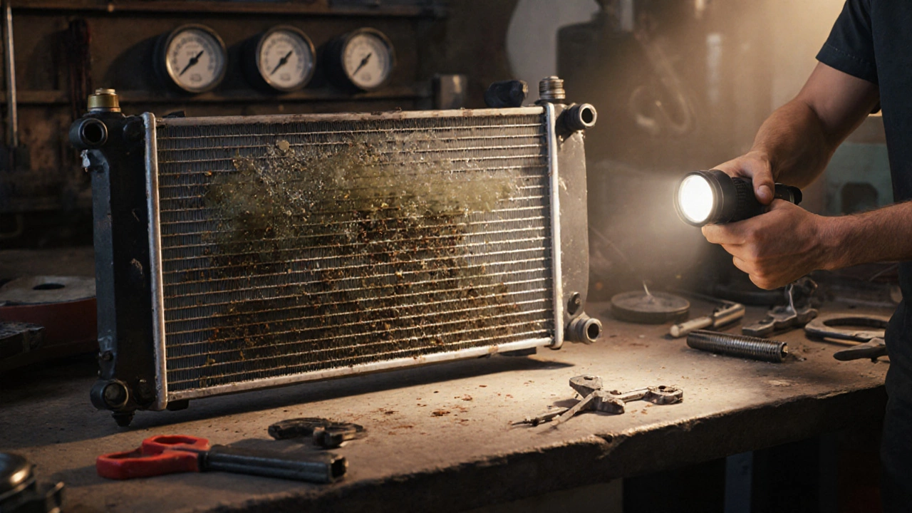 Mechanic examining rusty coolant in a radiator reservoir with tools nearby