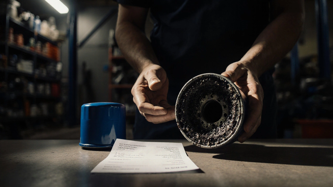 Mechanic holding a clogged oil filter next to a costly repair bill in a dim garage.