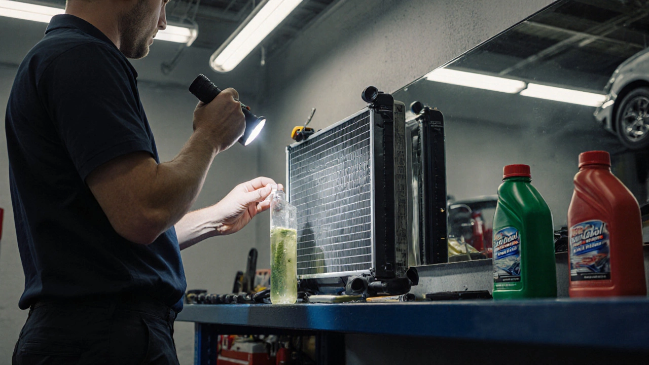 Mechanic inspecting a radiator with flashlight and test tube in a clean auto shop.