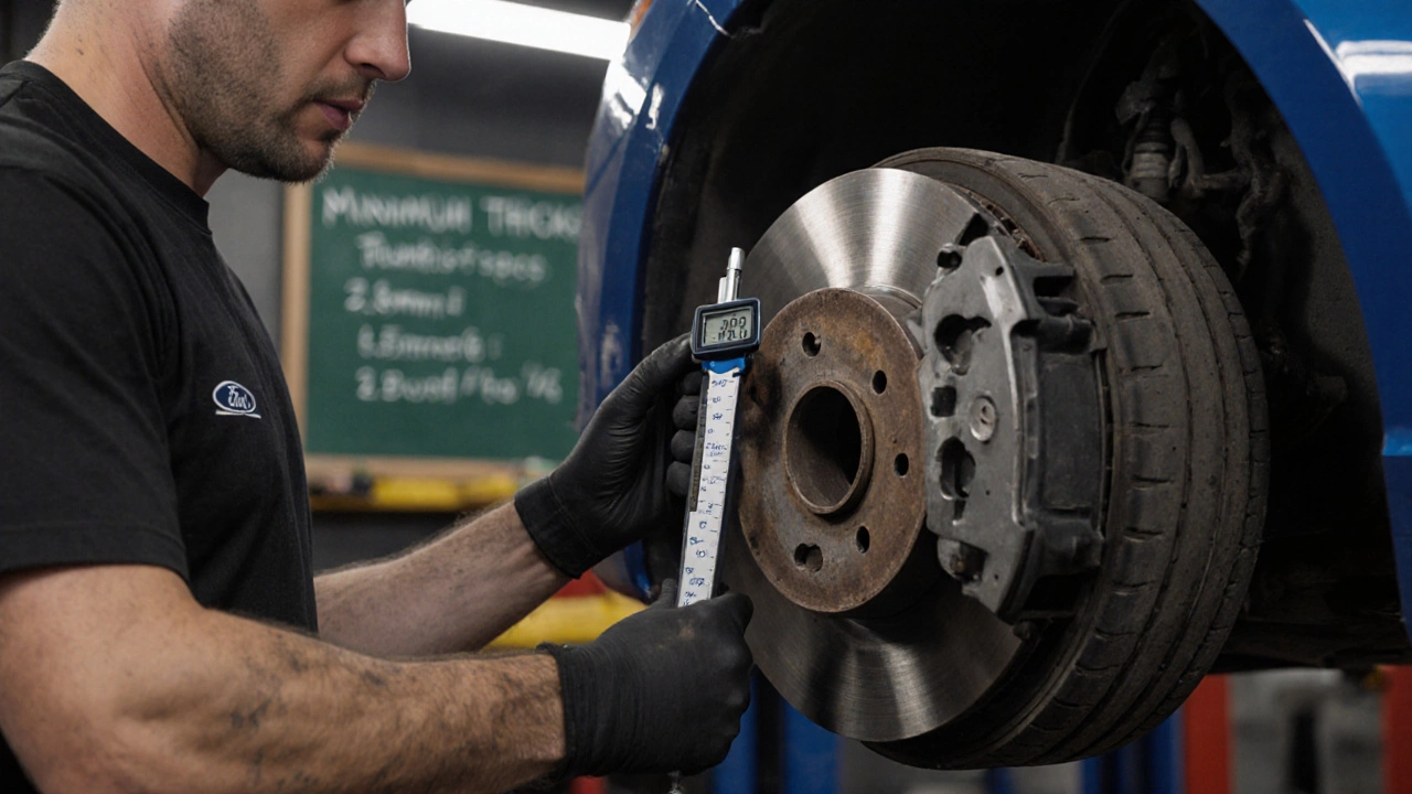 Mechanic measuring rotor thickness with a micrometer in a garage, wearing work gloves.
