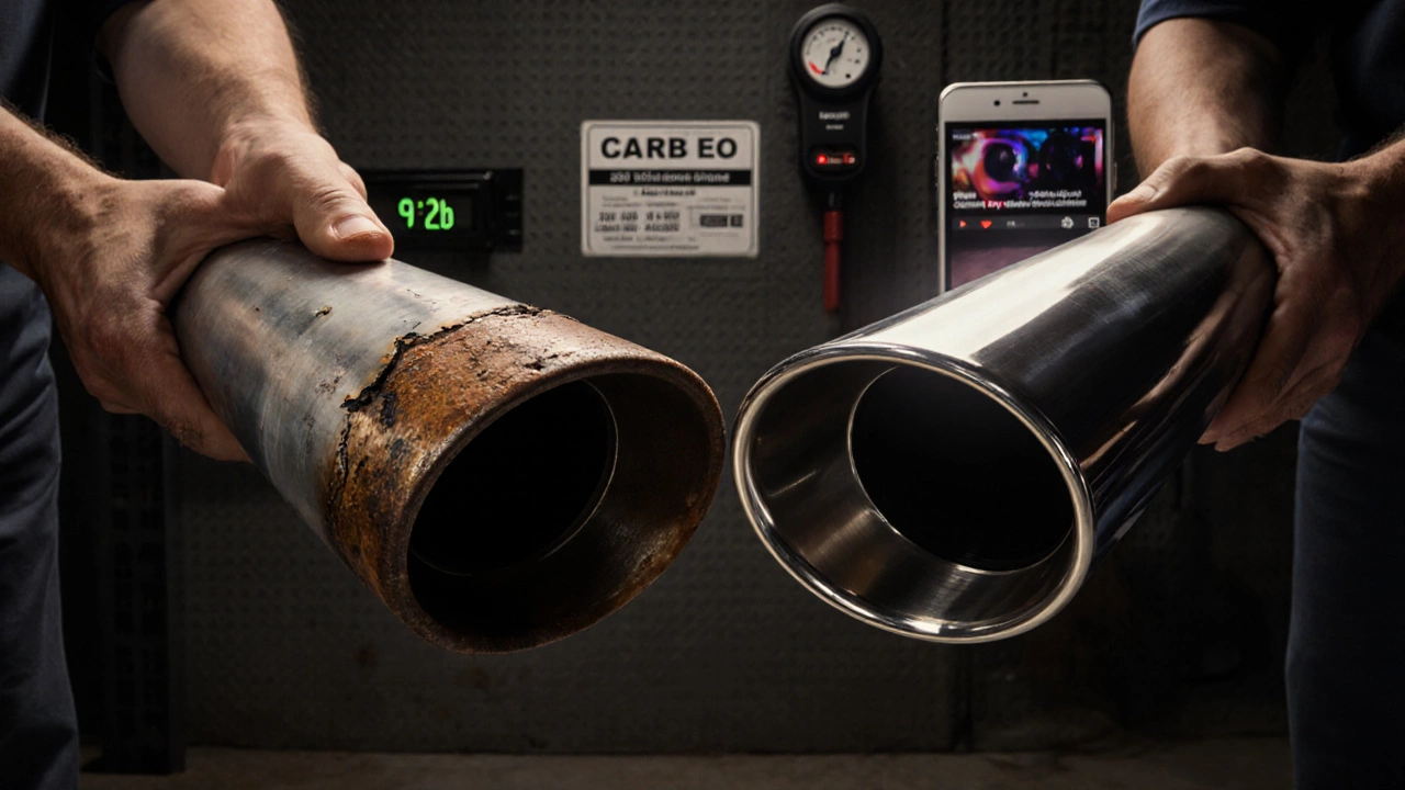 Side-by-side comparison of rusted and stainless steel exhaust pipes with CARB label and sound test on phone.
