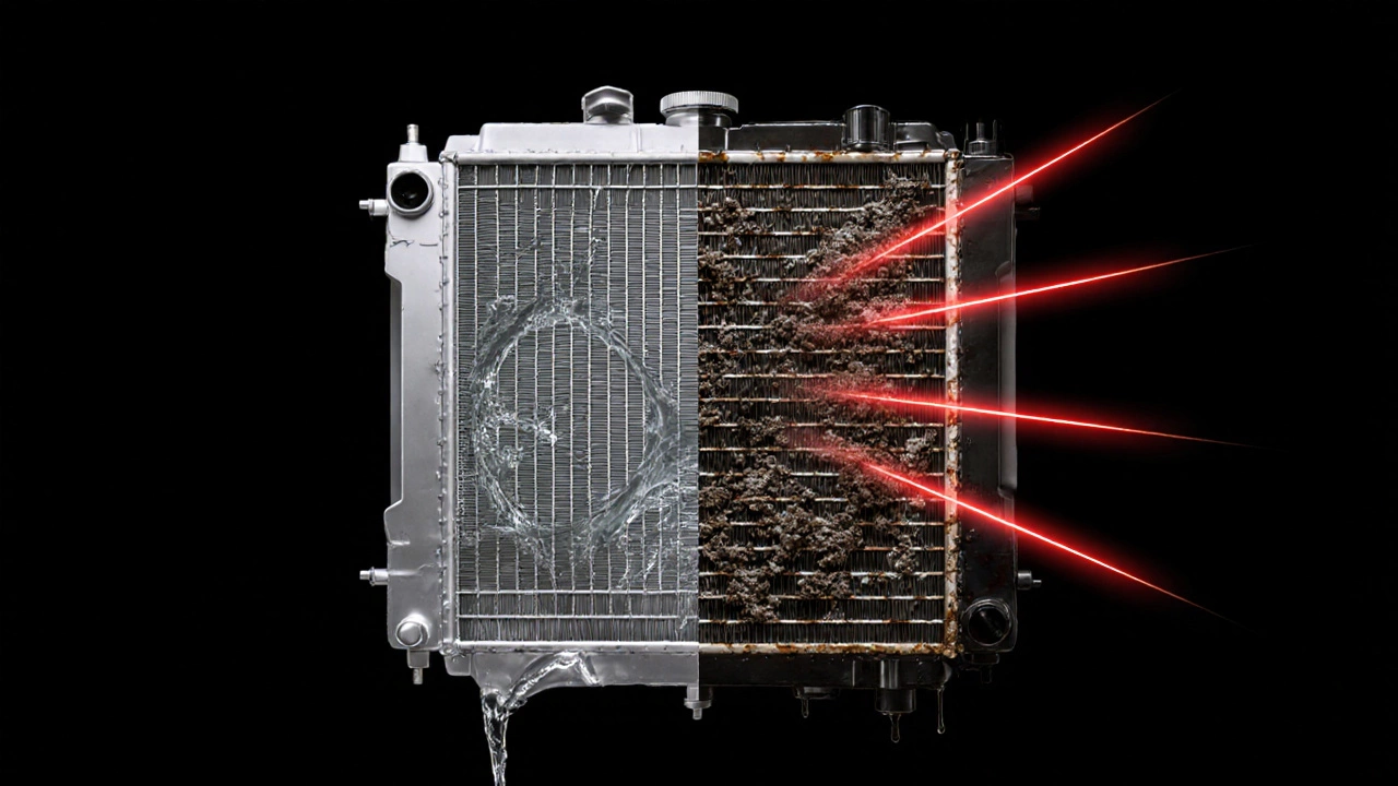 Split image comparing clean and clogged radiators to show maintenance impact