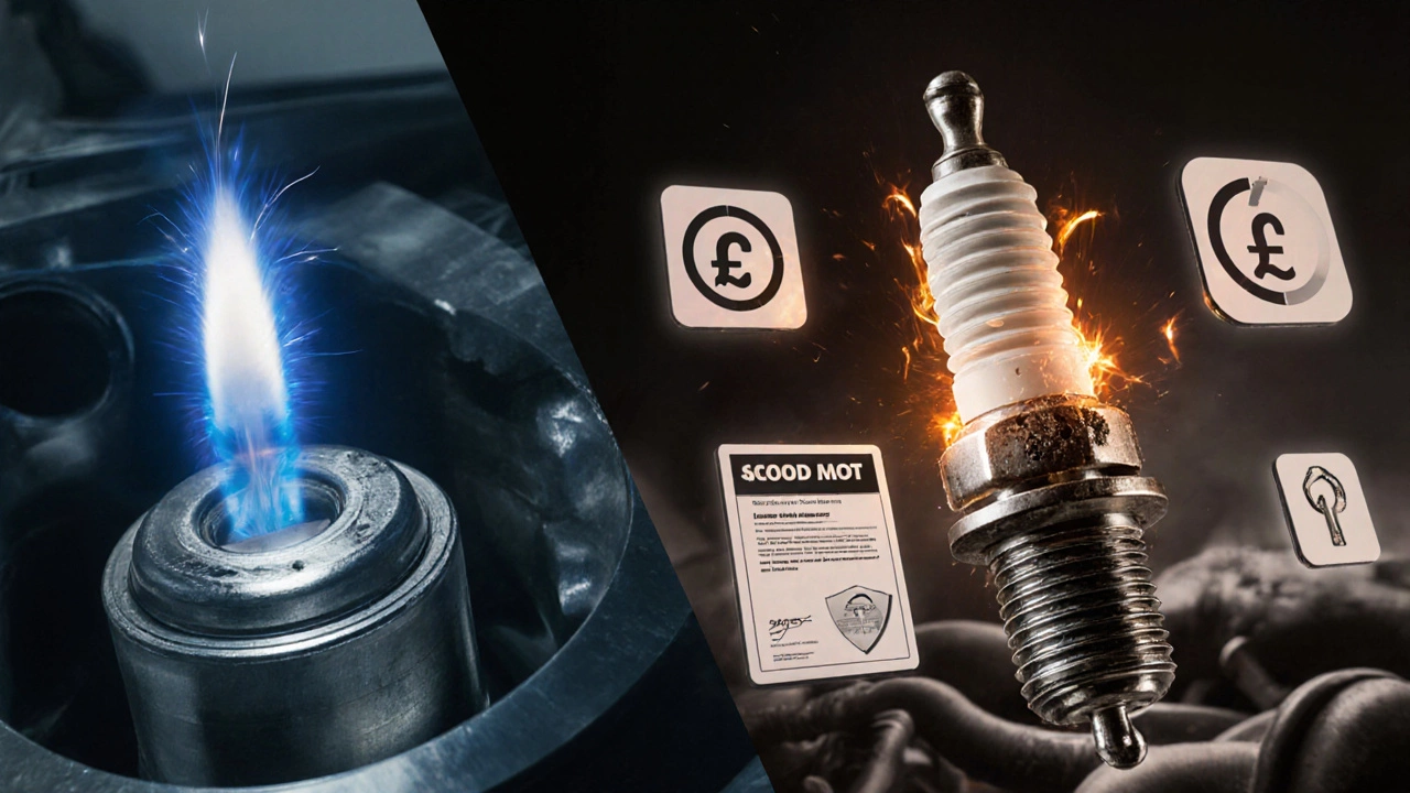 Split image: new spark plug with strong spark vs worn plug with weak spark and fuel waste icons